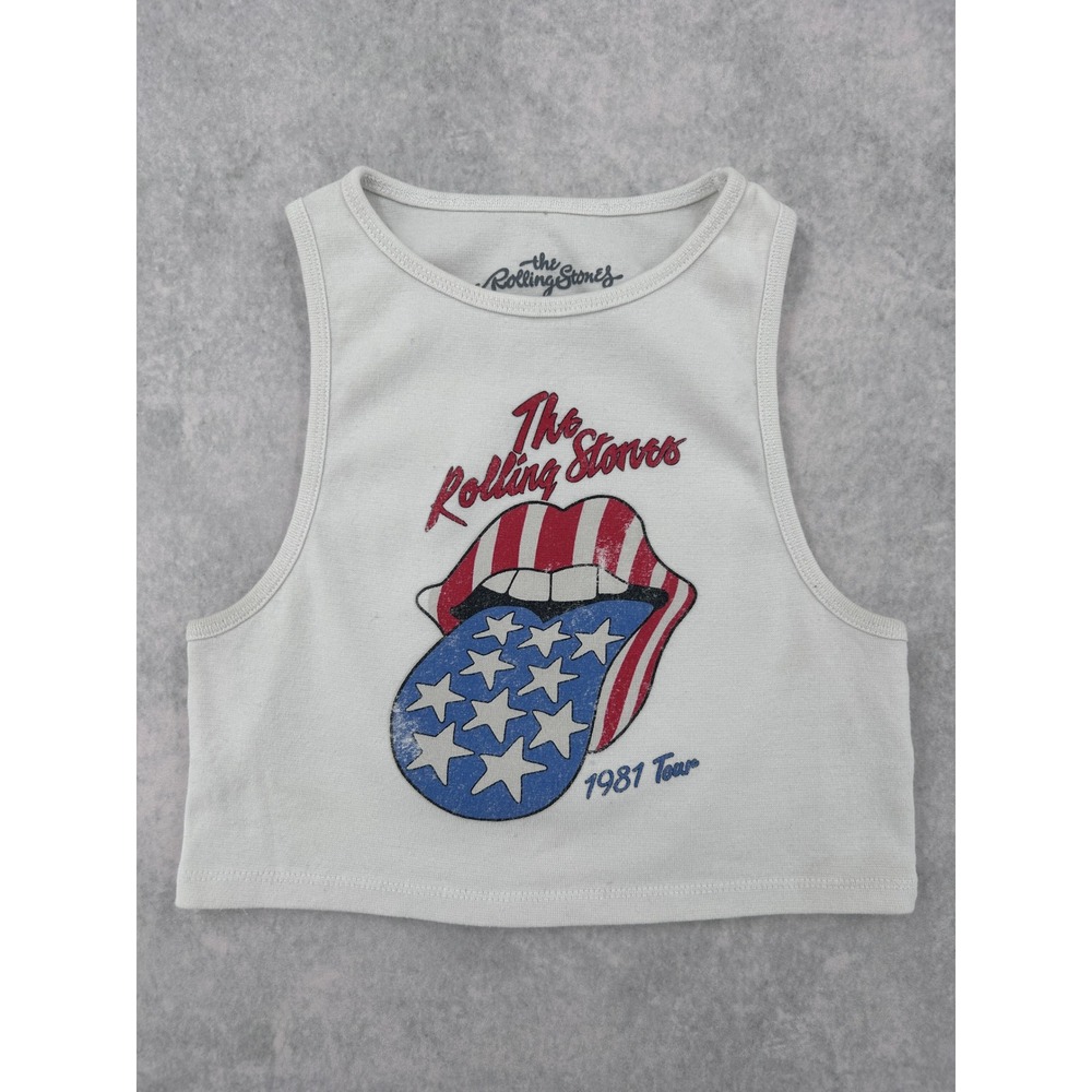 The Rolling Stones 1981 Tour Graphic Crop Tank Top White Stars Stripes Small